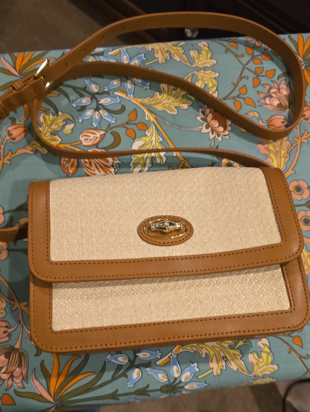 Talbots Tan & Cream Straw-Front Crossbody Bag